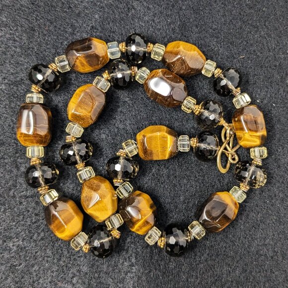 Vintage Tigers eye Stone Smokey Faceted Glass Bead Necklace 20 inch Retro - Picture 1 of 15